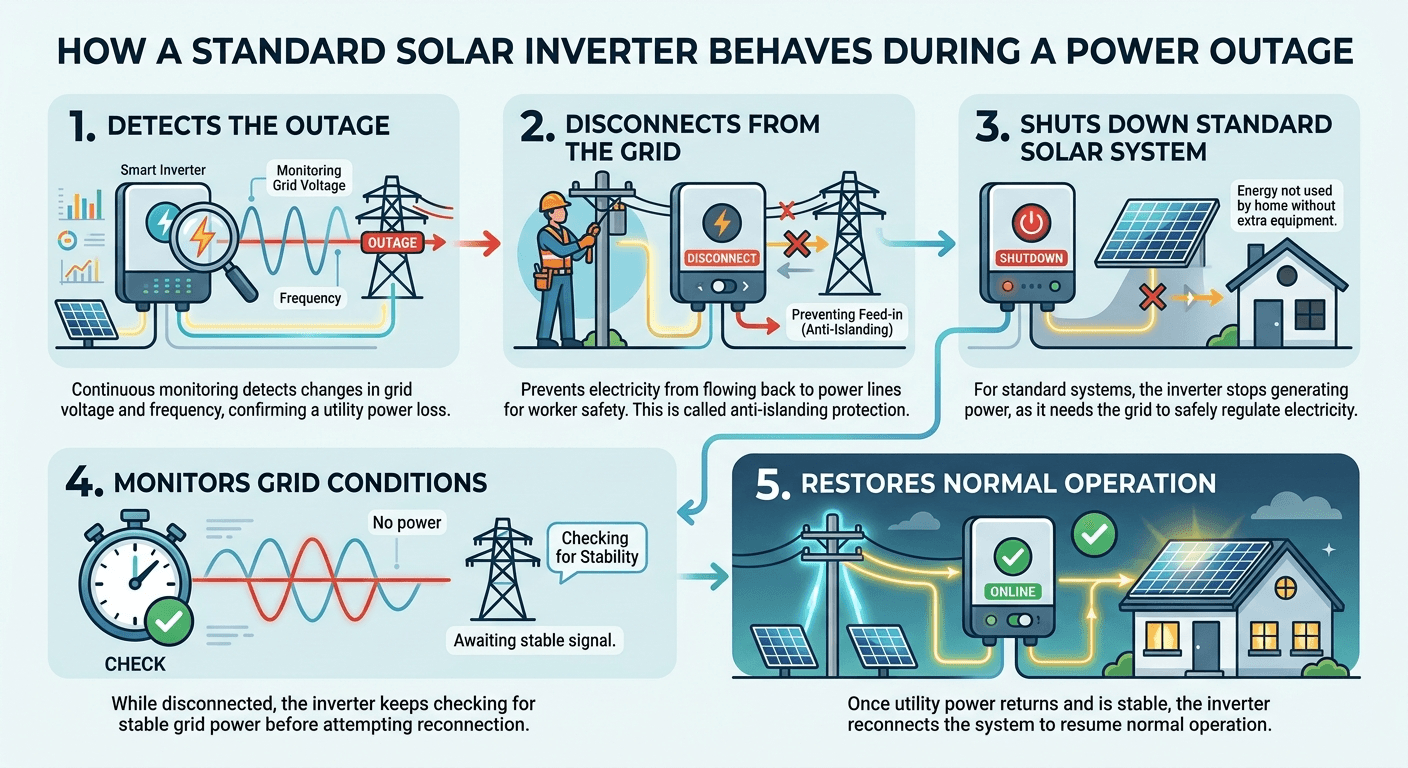 An infographic showing five steps of solar inverter operation during a power outage, from detecting the outage to restoring normal function, with corresponding illustrations for each step.